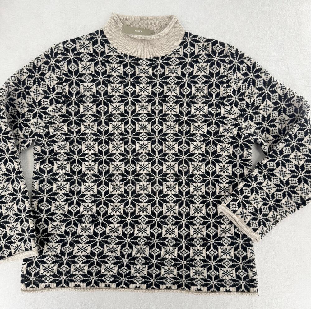 J Crew Rollneck Wool Sweater Fair Isle Snowflake Jacquard 100% Lambswool L NWT